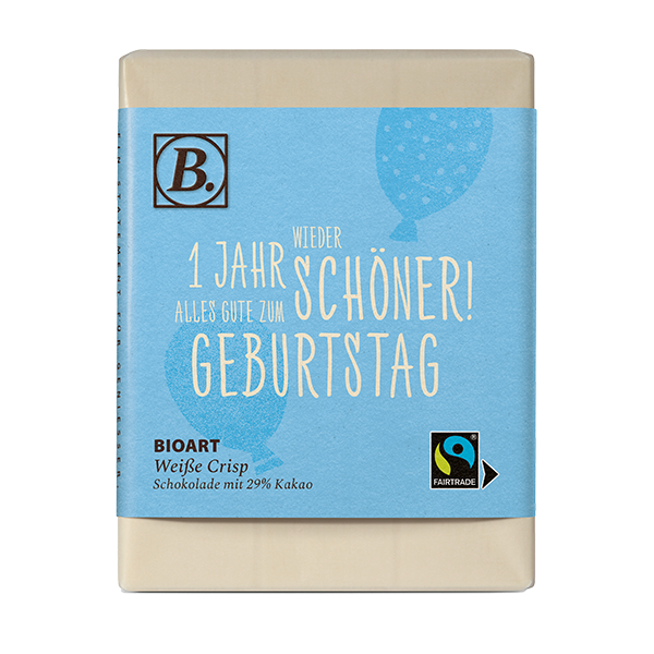 BIOART  Schoko Wieder 1 Jahr schöner! Alles Gute zum Geburtstag! 70g Weiße Crisp, Fairtrade