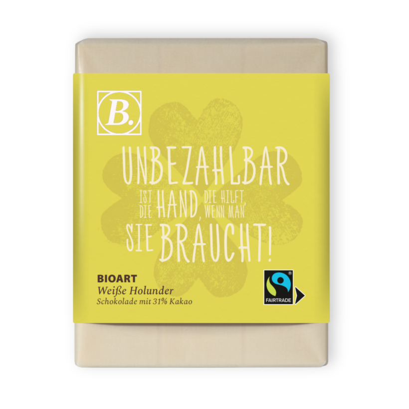 BIOART Schoko Unbezahlbar ist die Hand, die hilft wenn man sie braucht! 70g Weiße Holunder, Fairtrade