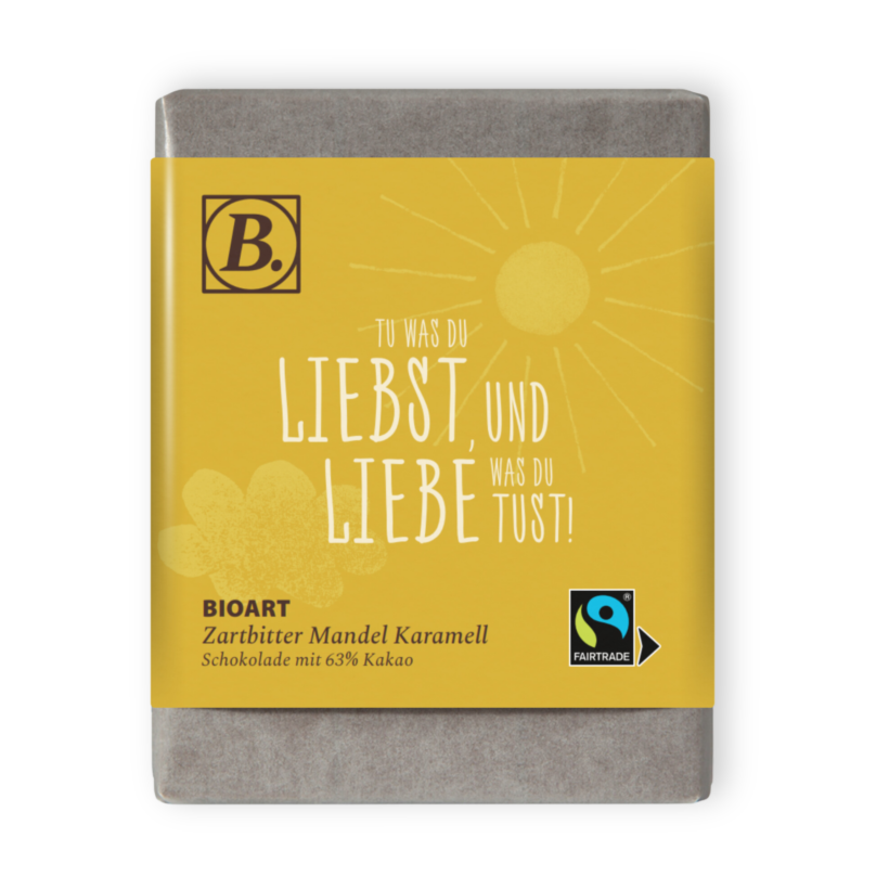 BIOART Schoko Tu was du liebst, und liebe was du tust! 70g Zartbitter Mandel Karamell, Fairtrade