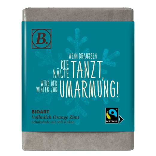 BIOART "Wenn draußen die Kälte tanzt, wird der Winter zur Umarmung" Vollmilch Orange-Zimt 70g, Fairtrade