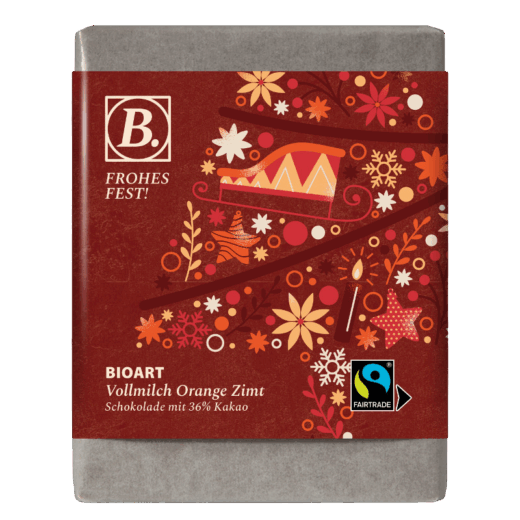 BIOART Weihnachten "Frohes Fest!" Vollmilch Orange-Zimt 70g, Fairtrade