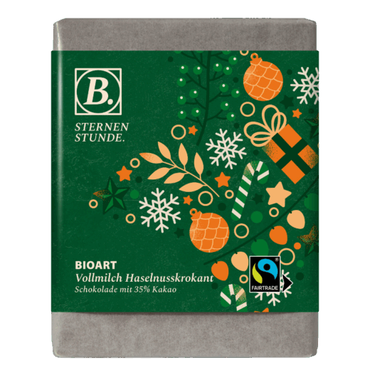 BIOART Weihnachten "Sternenstunde" Vollmilch Haselnusskrokant 70g, Fairtrade