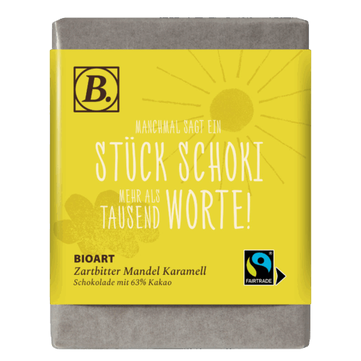 BIOART Schoko "Manchmal sagt ein Stück Schoki mehr als tausend Worte!" 70g Zartbitter Mandel Karamell, Fairtrade